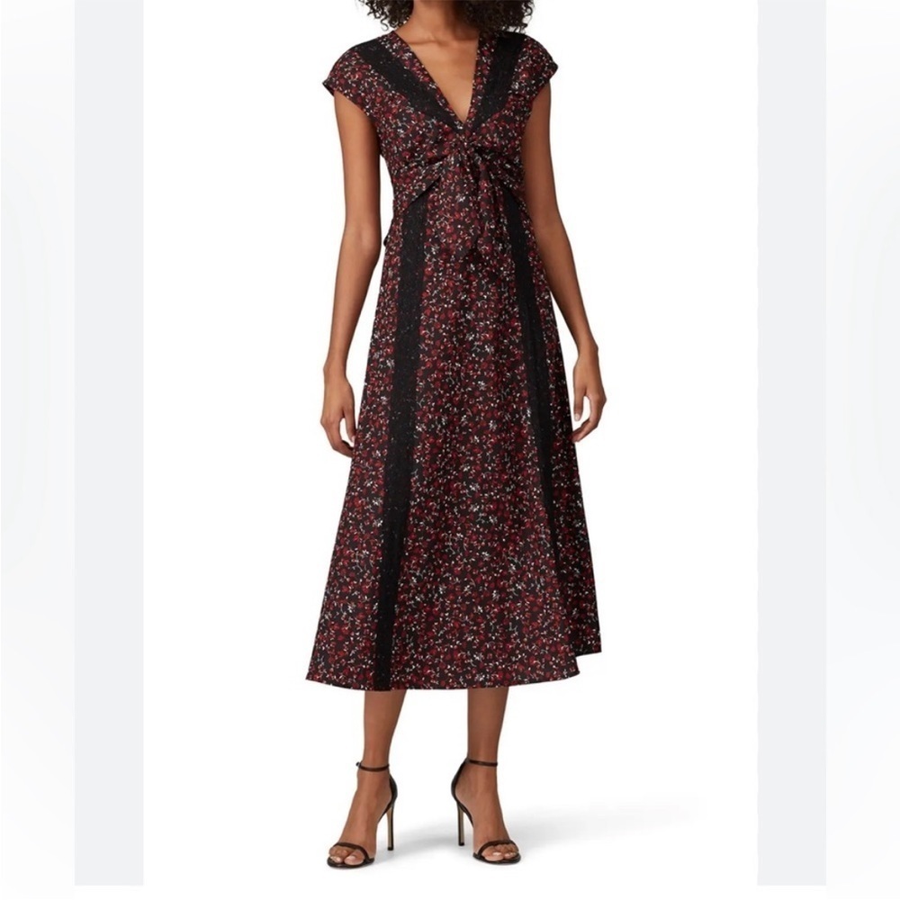 Thakoon size 14 Tie Front Midi Dress Black and Red Floral Lace Detail